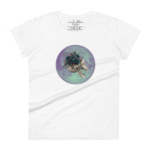 Load image into Gallery viewer, women&#39;s white t-shirt, with image design: side profile of a skull wearing a crown/hat of black roses, red berries, thorny vines and leaves, with a blue-purple moon behind it. Front View.
