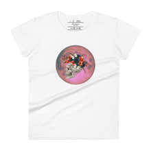 Load image into Gallery viewer, women&#39;s white t-shirt, with image design: side profile of a skull wearing a crown/hat of black roses, red poppies, thorny vines, and white butterflies, with a pink-red moon behind it. Front View.
