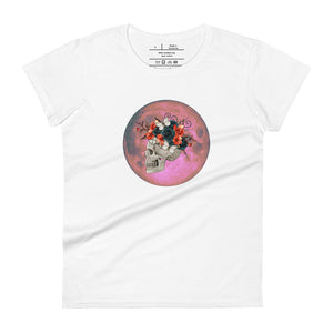 women's white t-shirt, with image design: side profile of a skull wearing a crown/hat of black roses, red poppies, thorny vines, and white butterflies, with a pink-red moon behind it. Front View.