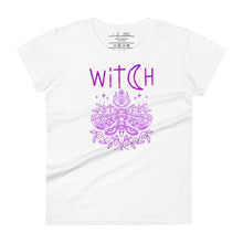 Load image into Gallery viewer, women&#39;s white t-shirt t-shirt with image phrase: &quot;witch&quot; With image of a mystic moth. Front view.
