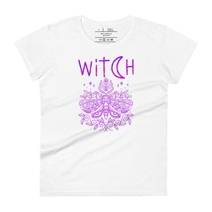 women's white t-shirt t-shirt with image phrase: "witch" With image of a mystic moth. Front view.